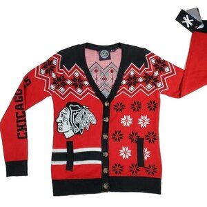 Chicago Black Hawks Ugly Christmas NHL Button Sweater Small NWT
